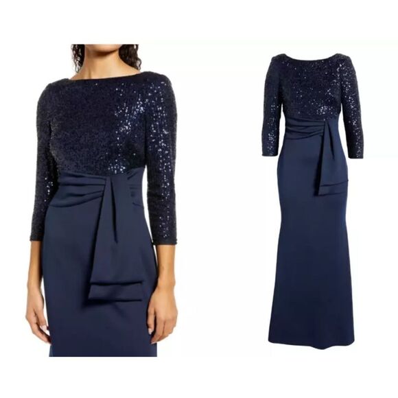 NWT ELIZA J Navy Sequin Bodice Stretch Knit Skirt Pleated Bow Detail Maxi Gown 8 - Picture 2 of 10